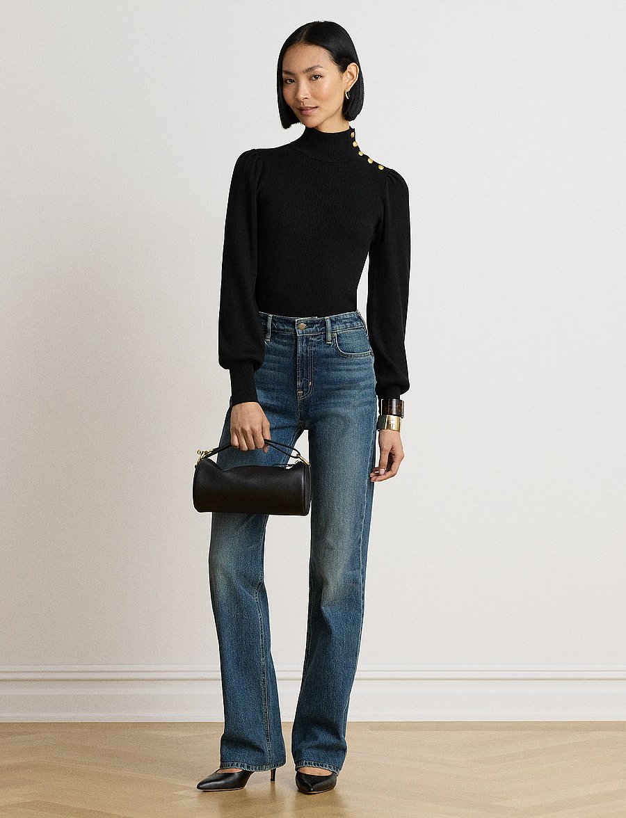Lauren Ralph Lauren - Button-Trim Mockneck Sweater - rollkragenpullover - black - 3
