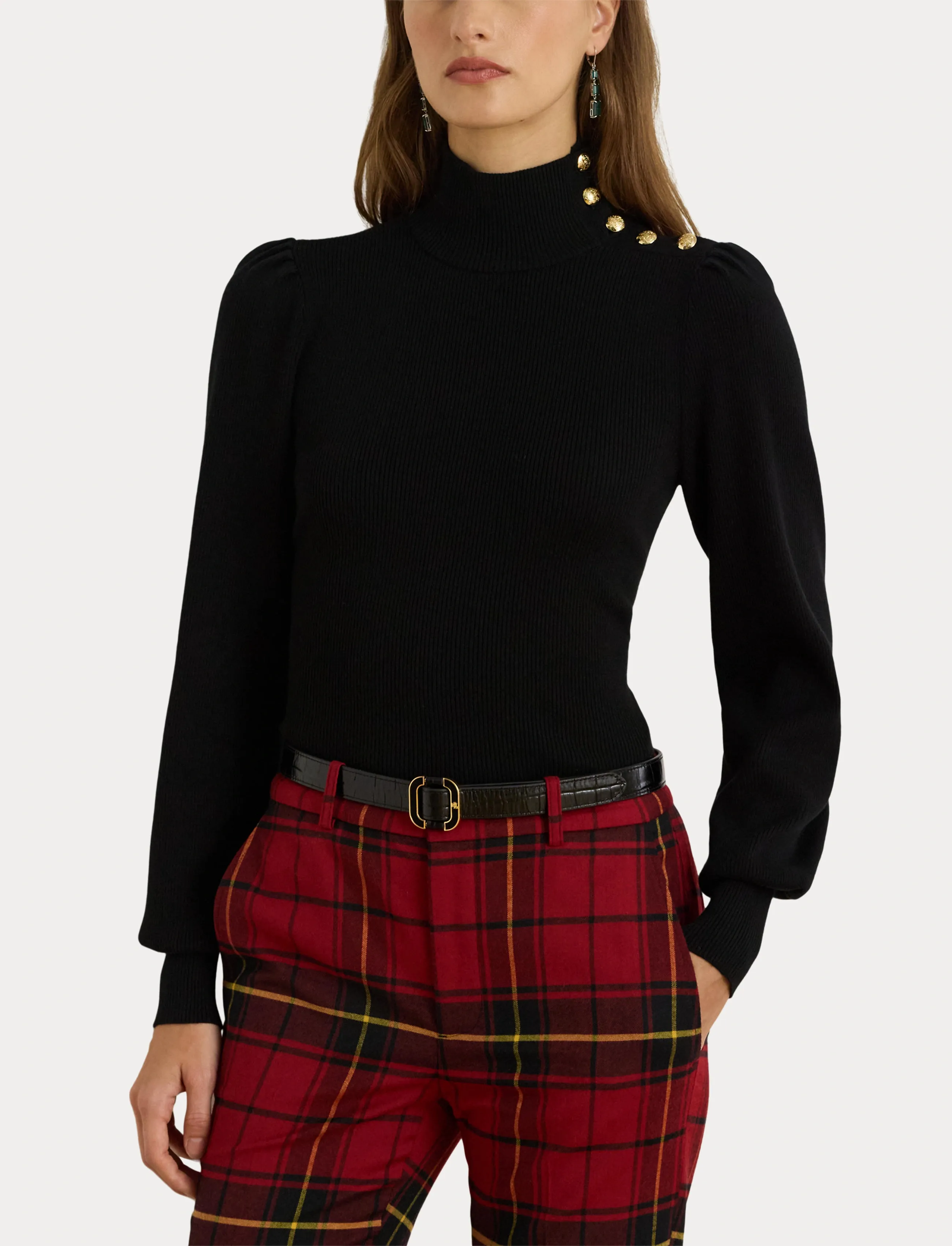 Lauren Ralph Lauren - Button-Trim Mockneck Sweater - džemperi ar augstu apkakli - polo black - 5