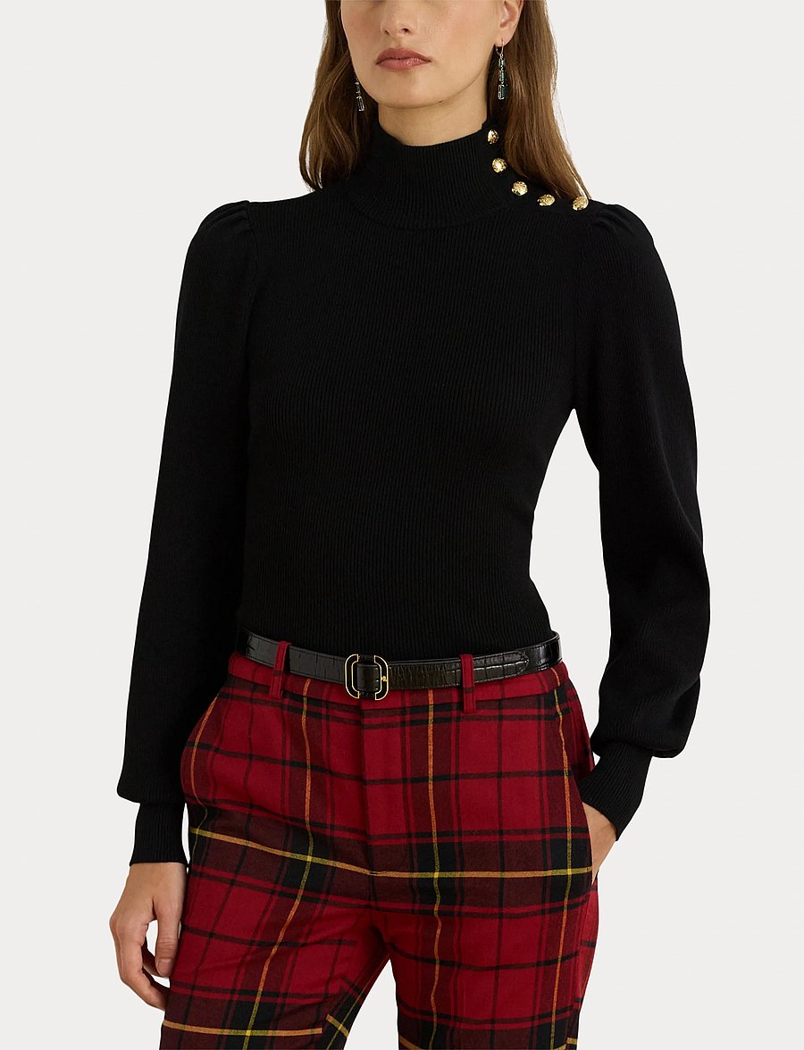 Lauren Ralph Lauren - Button-Trim Mockneck Sweater - rollkragenpullover - polo black - 5