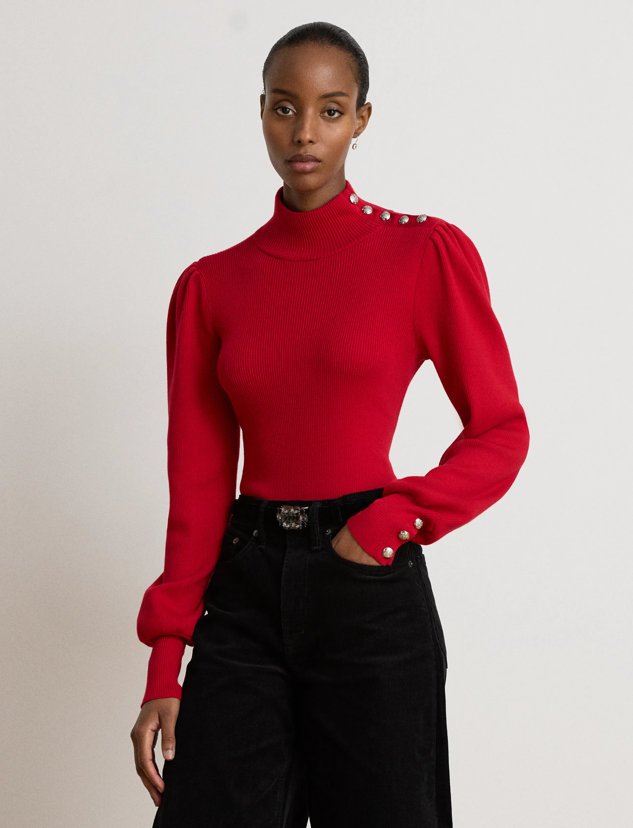 Lauren Ralph Lauren - Button-Trim Mockneck Sweater - rullekraver - ralph red - 4