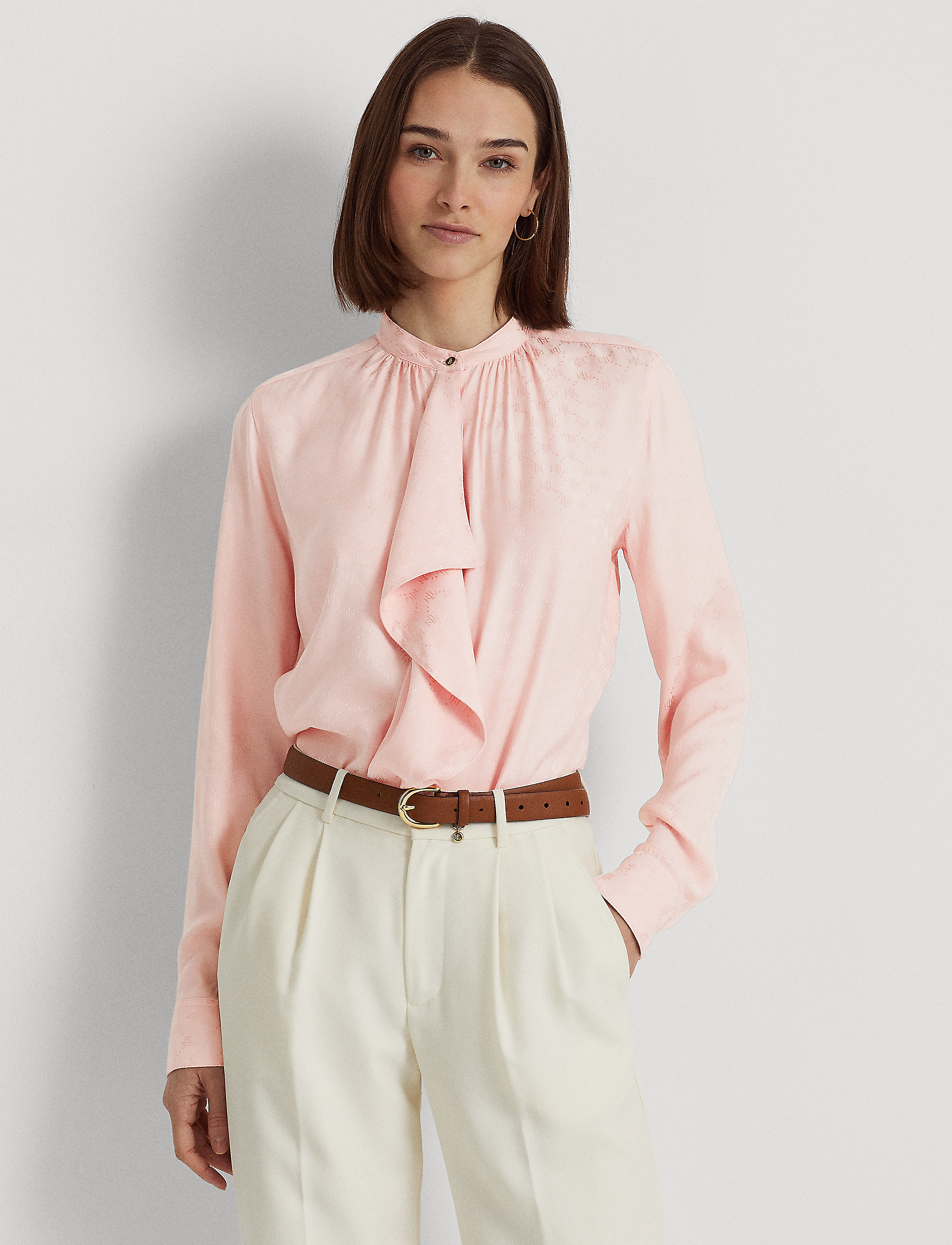Lauren Ralph Lauren - Ruffle-Trim Logo Jacquard Shirt - pale pink - 2