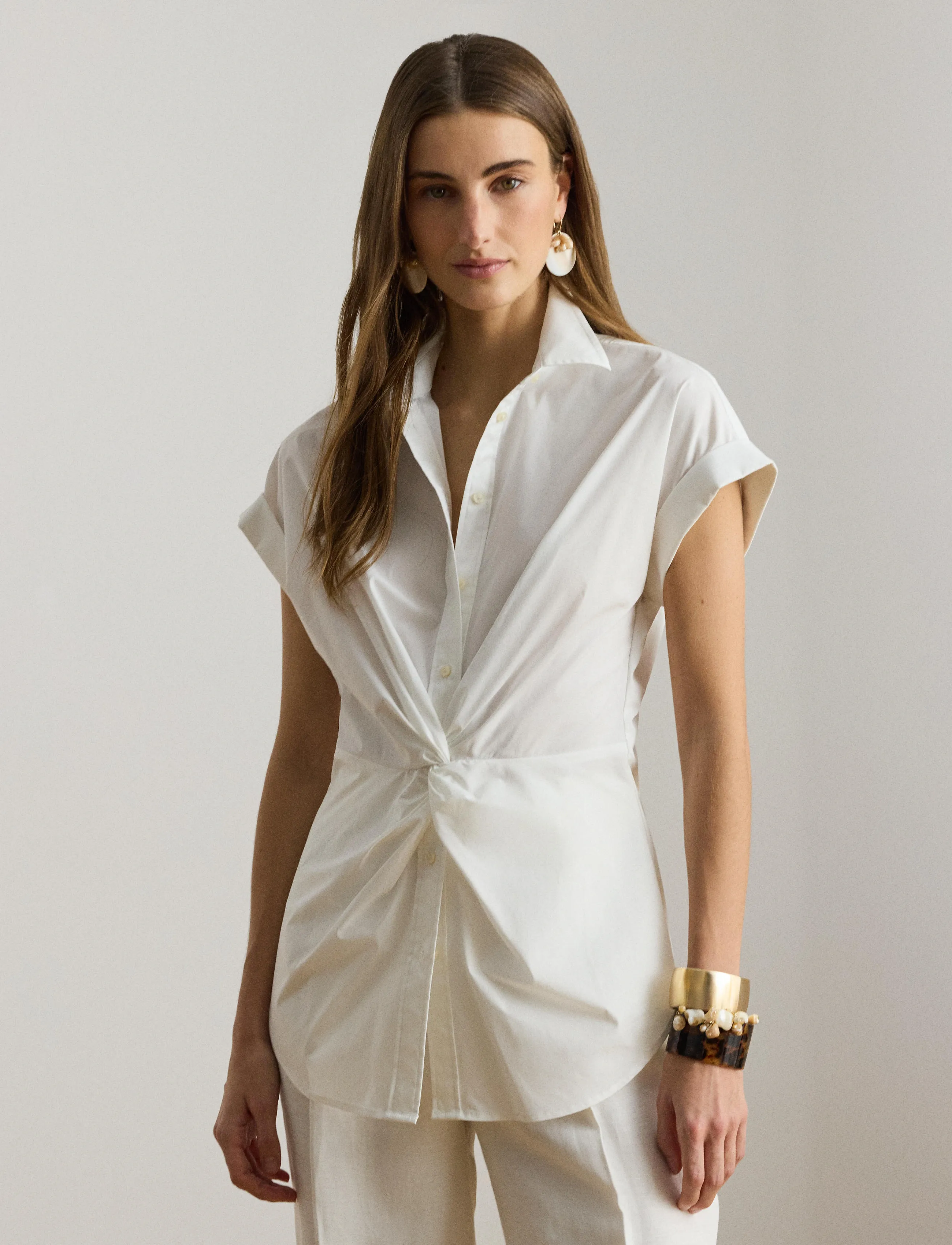 Lauren Ralph Lauren - Twist-Front Cotton Short-Sleeve Shirt - kortærmede skjorter - white - 3