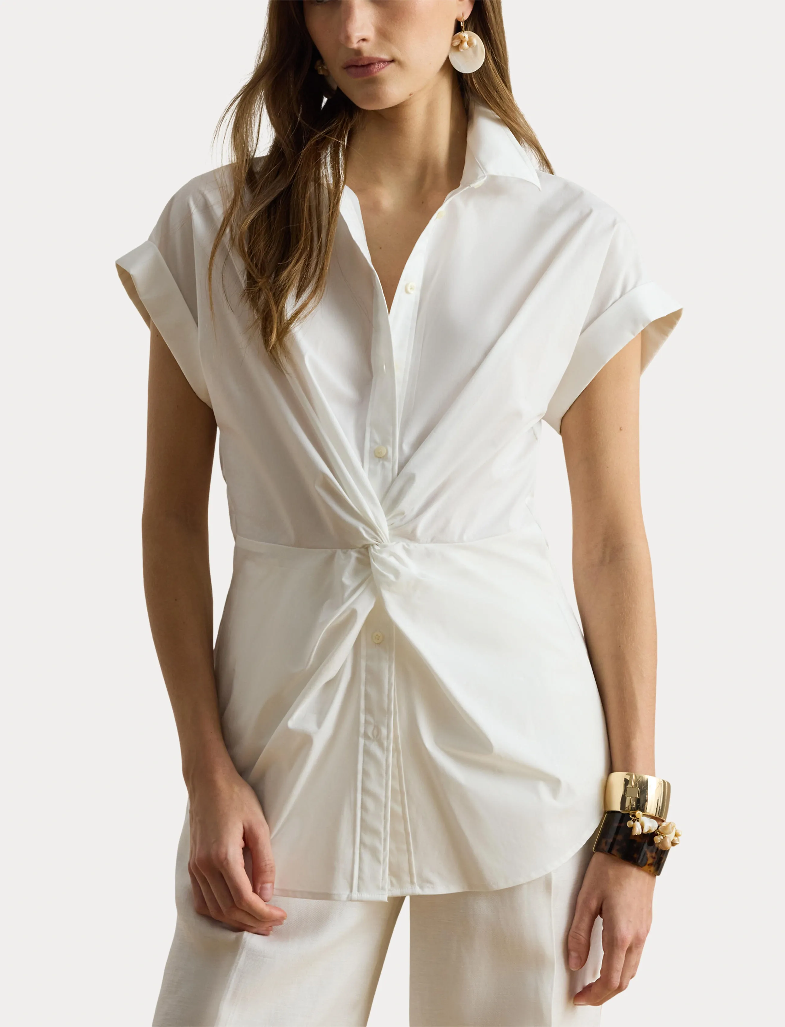 Lauren Ralph Lauren Twist-Front Cotton Short-Sleeve Shirt - Lauren Ralph Lauren - WHITE / white
