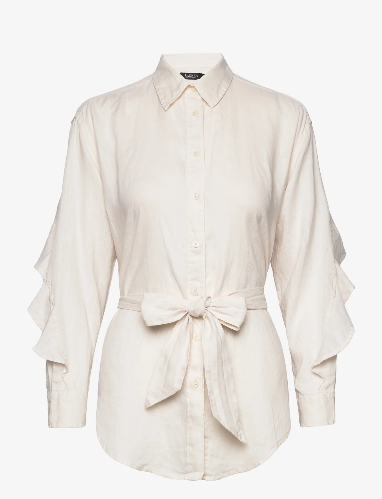 Lauren Ralph Lauren - Ruffle-Trim Belted Linen Shirt - lininiai marškiniai - mascarpone cream - 0