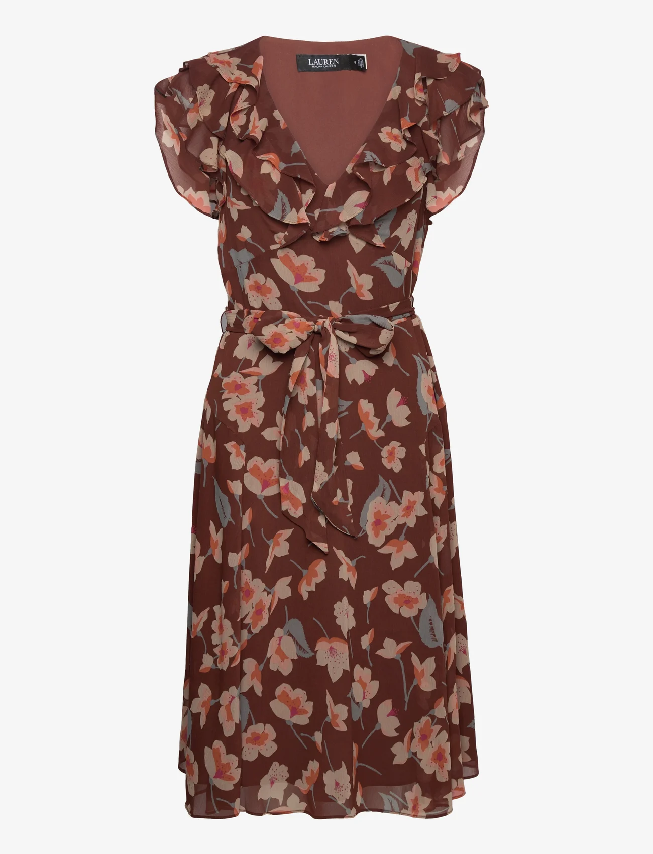 Lauren Ralph Lauren - Floral Ruffle-Trim Georgette Dress - vasaras kleitas - maroon/orange/cre - 0