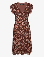 Floral Ruffle-Trim Georgette Dress - MAROON/ORANGE/CRE