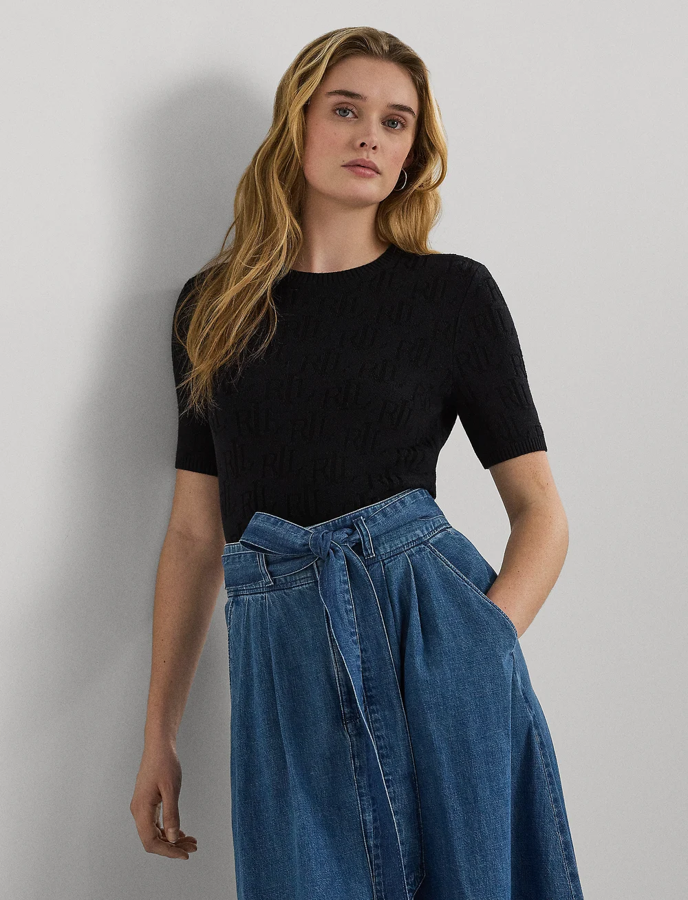 Lauren Ralph Lauren - Monogram Jacquard Short-Sleeve Sweater - stickade tröjor - black - 0