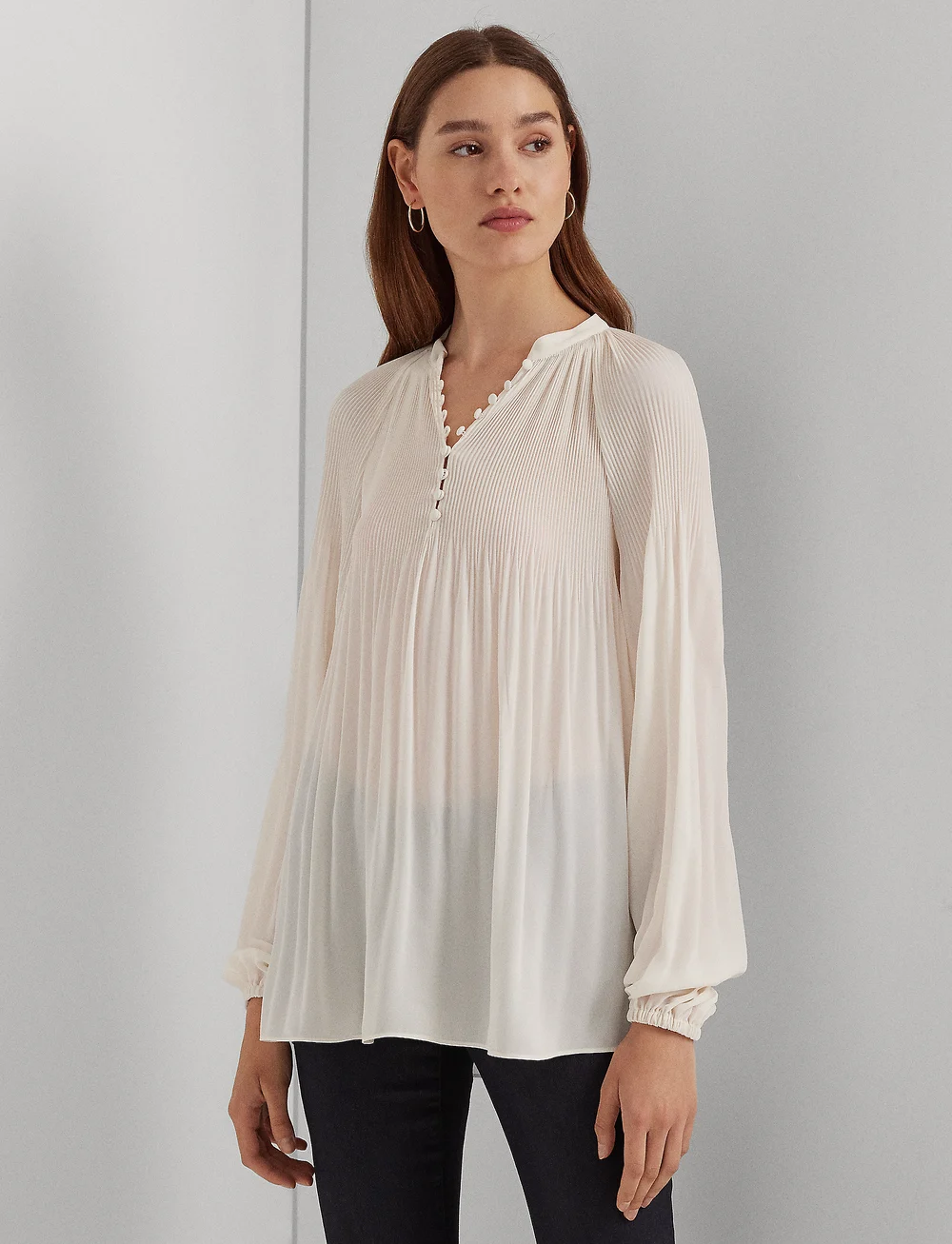 Lauren Ralph Lauren - Pleated Georgette Blouse - långärmade blusar - mascarpone cream - 0