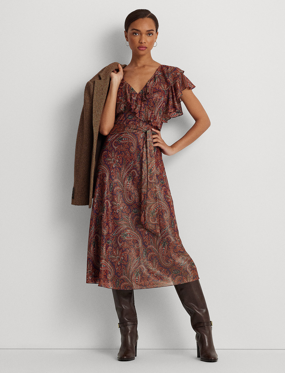 Lauren Ralph Lauren Print Ruffle-trim Metallic Chiffon Dress - Dresses 
