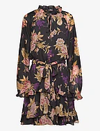 Floral Belted Crinkle Georgette Dress - BLACK/TAN/MULTI