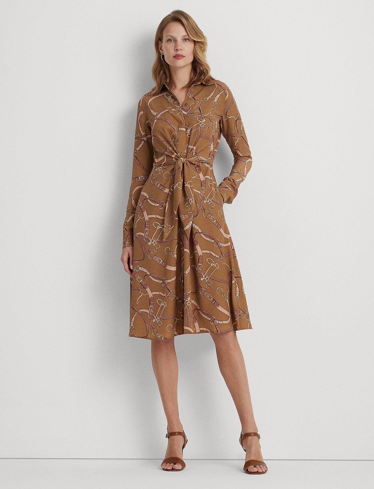 Lauren Ralph Lauren - Belting-Print Tie-Front Crepe Shirtdress - marškinių tipo suknelės - camel multi - 1