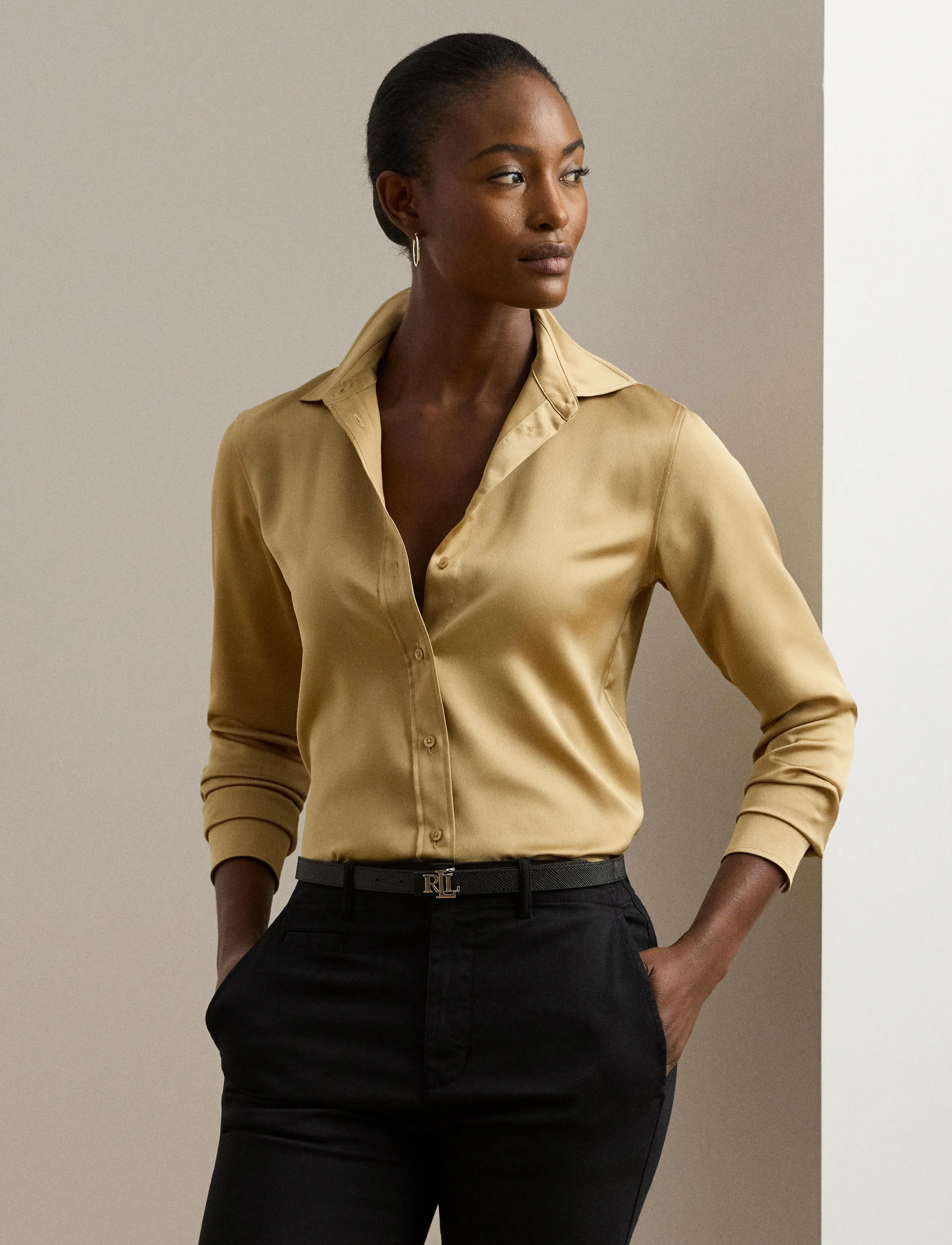 Lauren Ralph Lauren - Classic Fit Satin Charmeuse Shirt - birch tan - 3