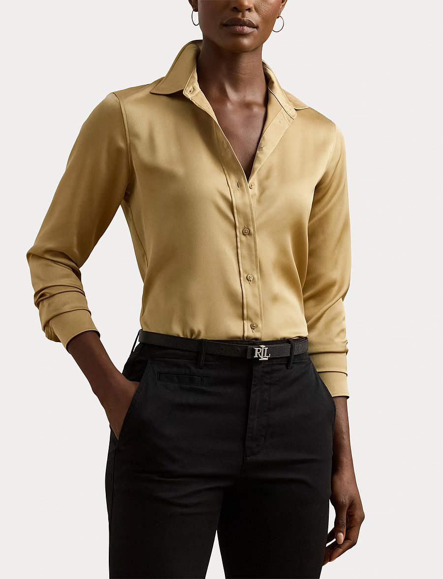 Lauren Ralph Lauren - Classic Fit Satin Charmeuse Shirt - birch tan - 5