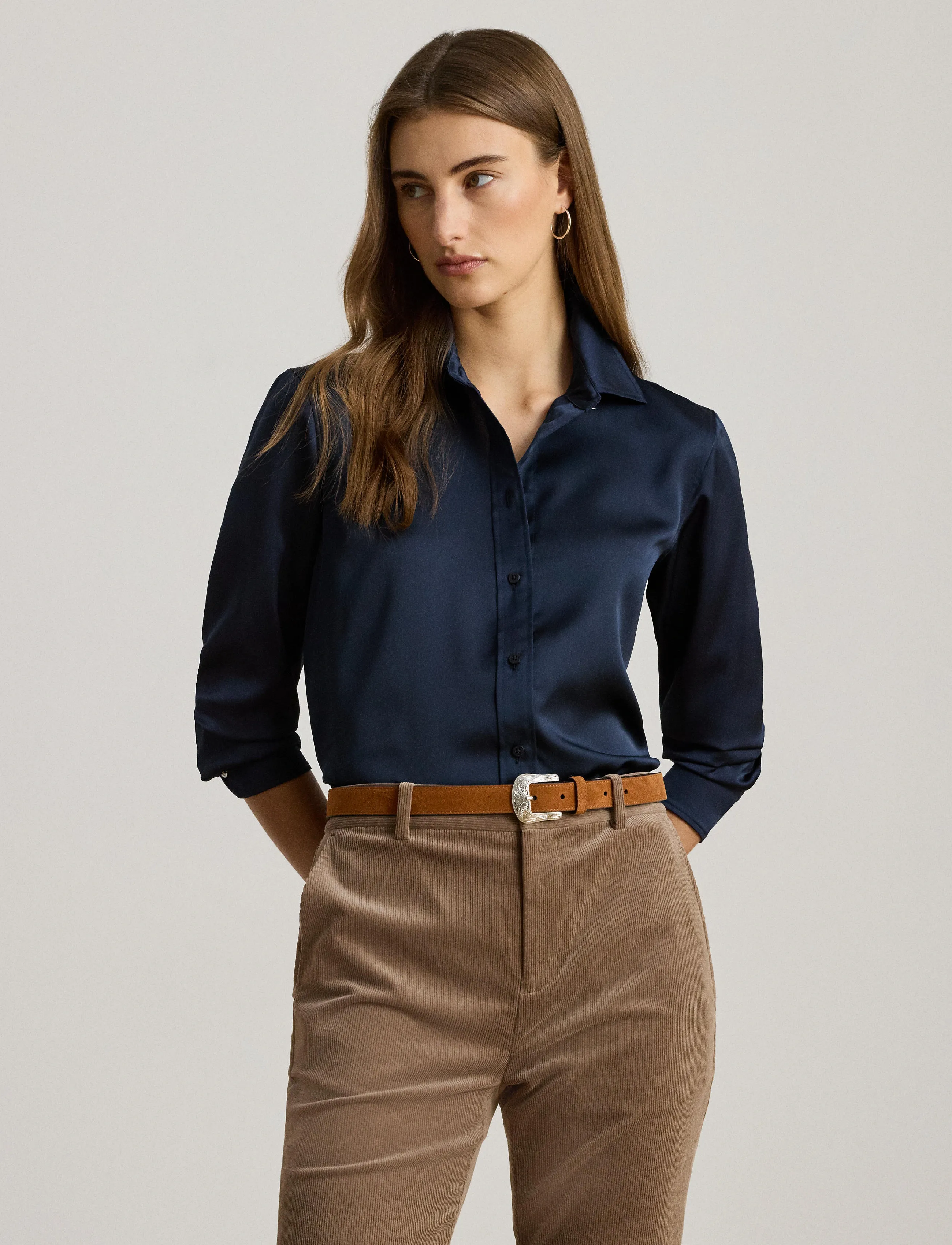 Lauren Ralph Lauren - Classic Fit Satin Charmeuse Shirt - lauren navy - 3