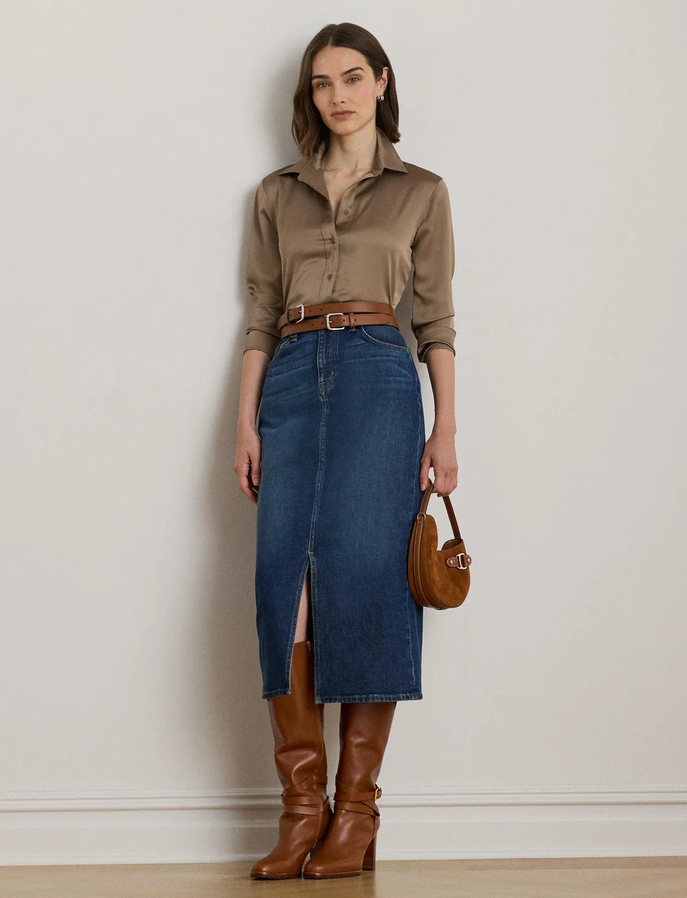 Lauren Ralph Lauren - Classic Fit Satin Charmeuse Shirt - denimskjorter - taupe brown - 0