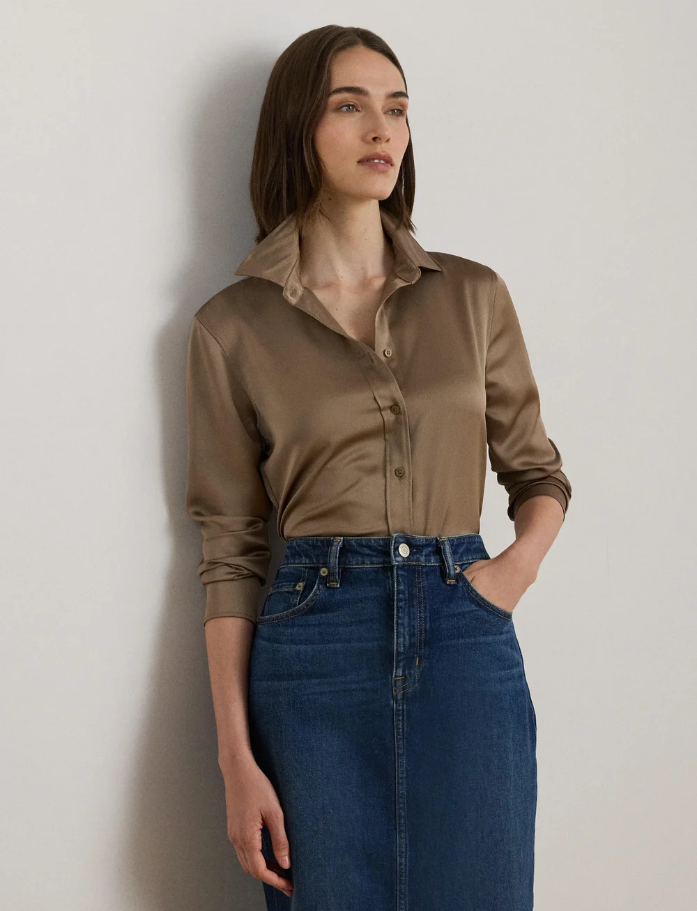Lauren Ralph Lauren - Classic Fit Satin Charmeuse Shirt - denimskjorter - taupe brown - 3