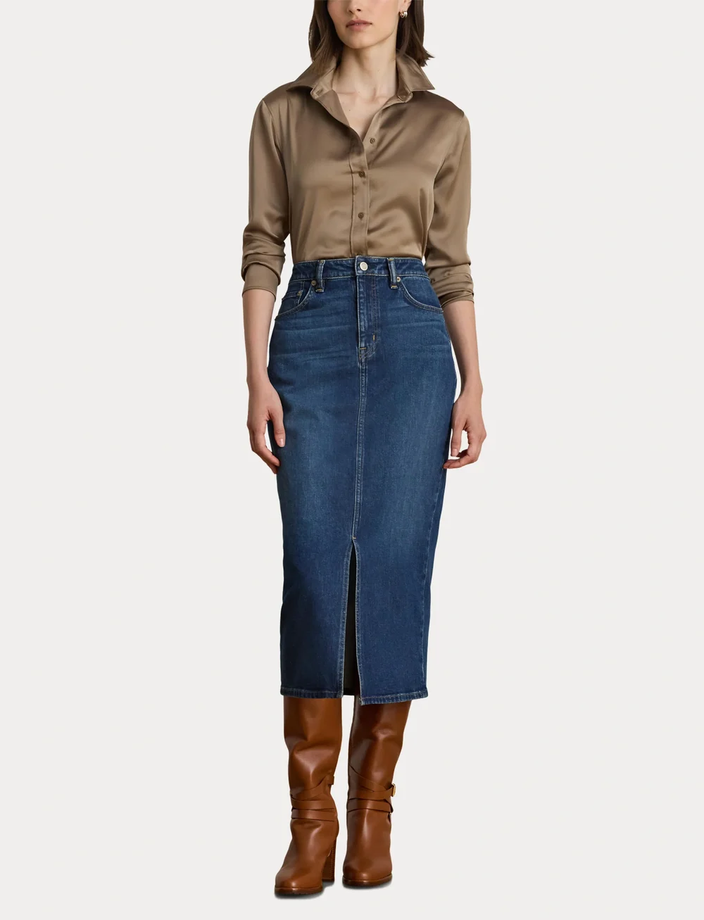 Lauren Ralph Lauren - Classic Fit Satin Charmeuse Shirt - denimskjorter - taupe brown - 4