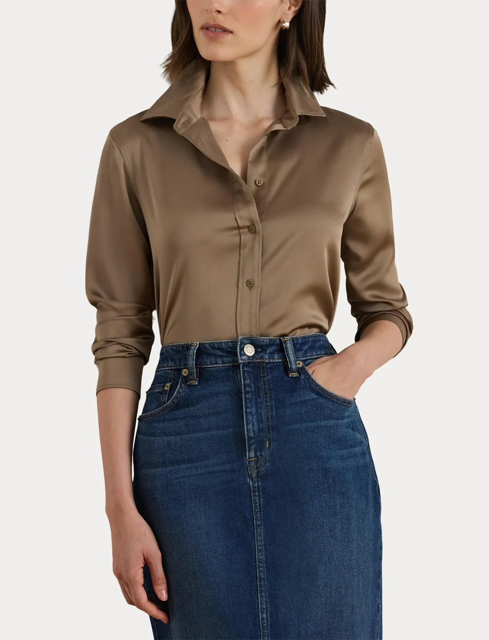 Lauren Ralph Lauren - Classic Fit Satin Charmeuse Shirt - denimskjorter - taupe brown - 5