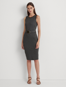 Faux-Leather-Trim Belted Jacquard Dress, Lauren Ralph Lauren