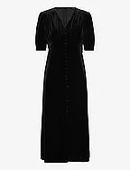 Stretch Velvet Puff-Sleeve Midi Dress - BLACK VELVET