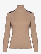 Faux Leather-Trim Rib-knit Roll Neck - CLASSIC CAMEL