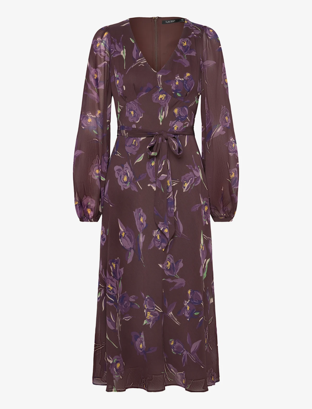 Lauren Ralph Lauren - Floral Belted Crinkle Georgette Dress - ballīšu apģērbs par outlet cenām - brown/purple/mult - 0