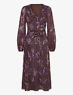 Floral Belted Crinkle Georgette Dress - BROWN/PURPLE/MULT
