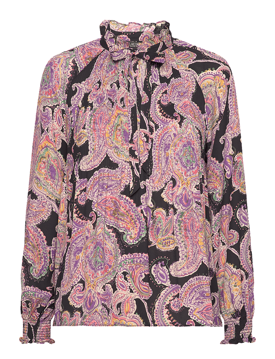 Lauren Ralph Lauren - Print Pleated Georgette Tie-Neck Blouse - black/yellow/mult - 0