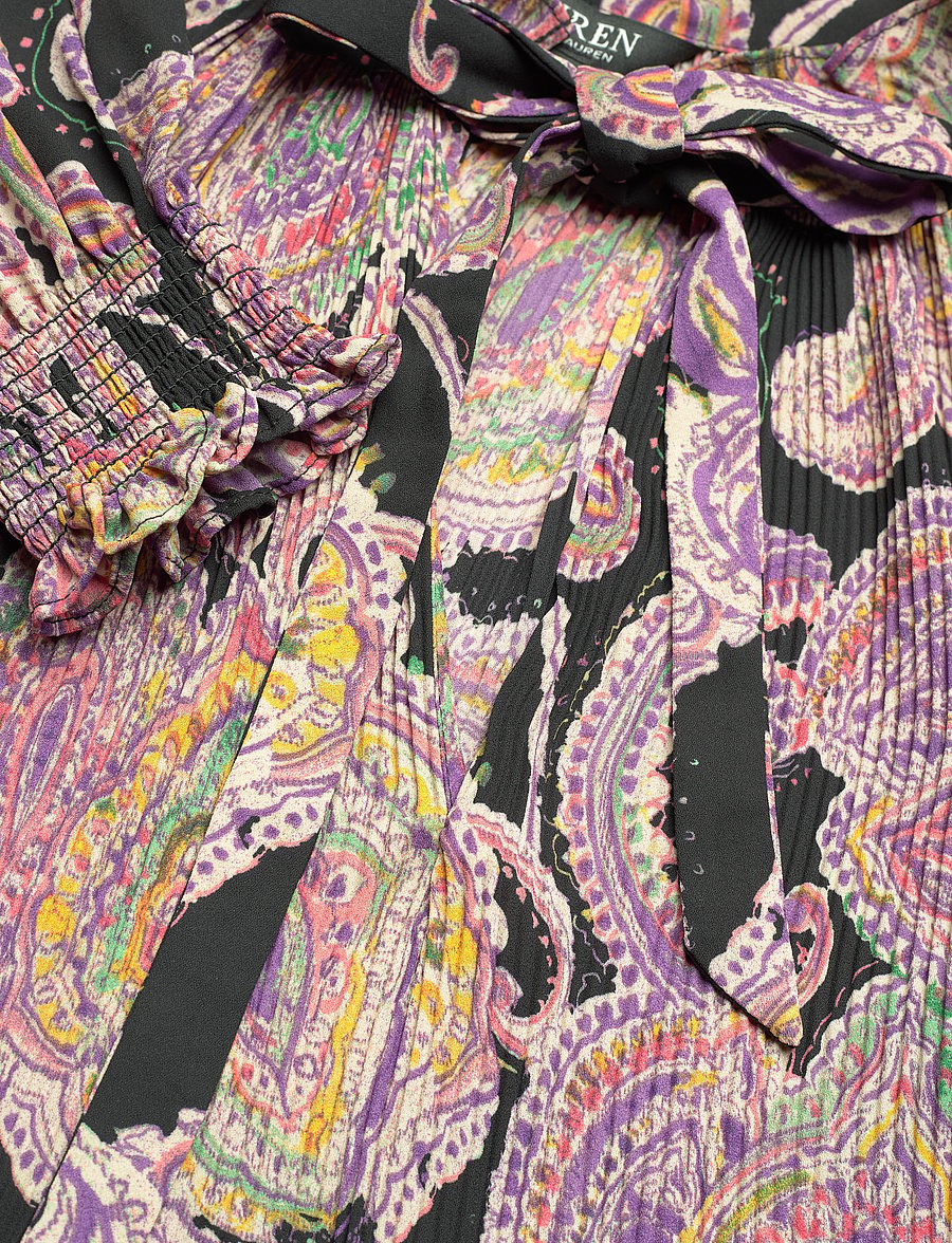 Lauren Ralph Lauren - Print Pleated Georgette Tie-Neck Blouse - black/yellow/mult - 2