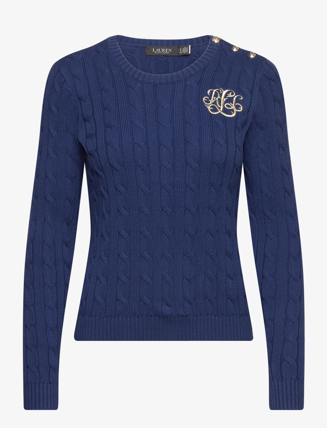 Lauren Ralph Lauren - Button-Trim Cable-Knit Cotton Sweater - striktrøjer - indigo sail - 0