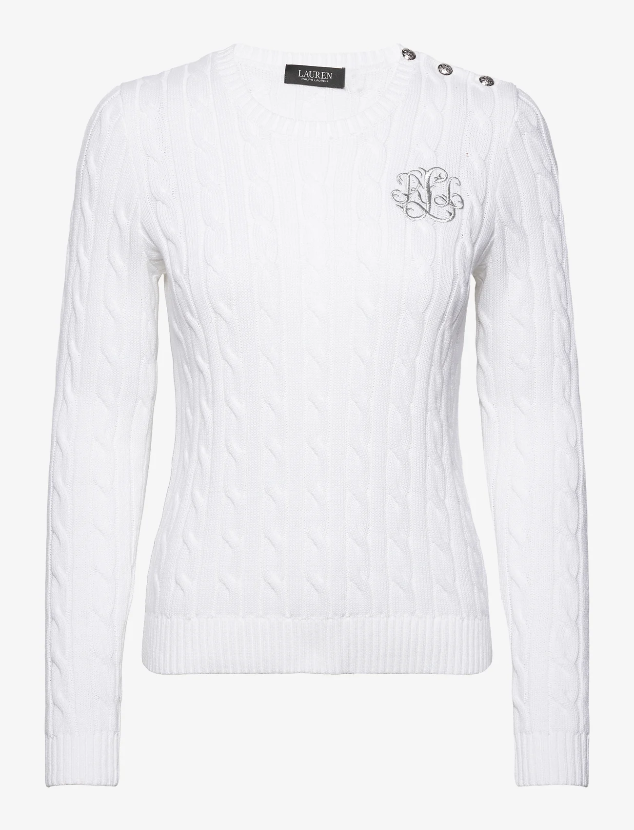 Lauren Ralph Lauren - Button-Trim Cable-Knit Cotton Sweater - striktrøjer - white - 0