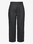 Pinstripe Pleated Linen Cropped Pant - BLACK/CREAM