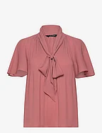 Pleated Georgette Tie-Neck Blouse - PINK MAHOGANY
