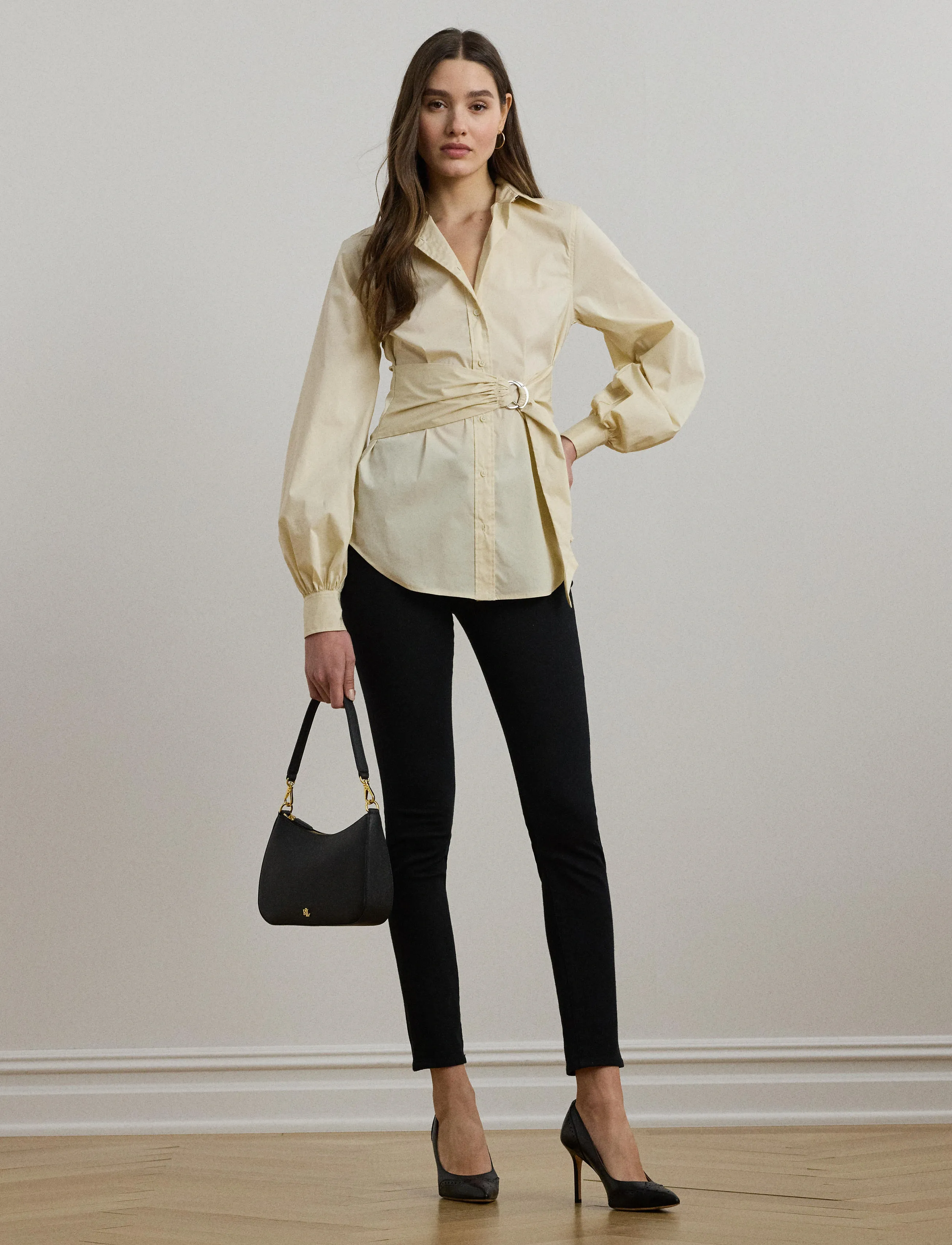 Lauren Ralph Lauren Tie-Front Cotton-Blend Shirt, Kvinder, Bindeskjorte, Cream, Str: XS