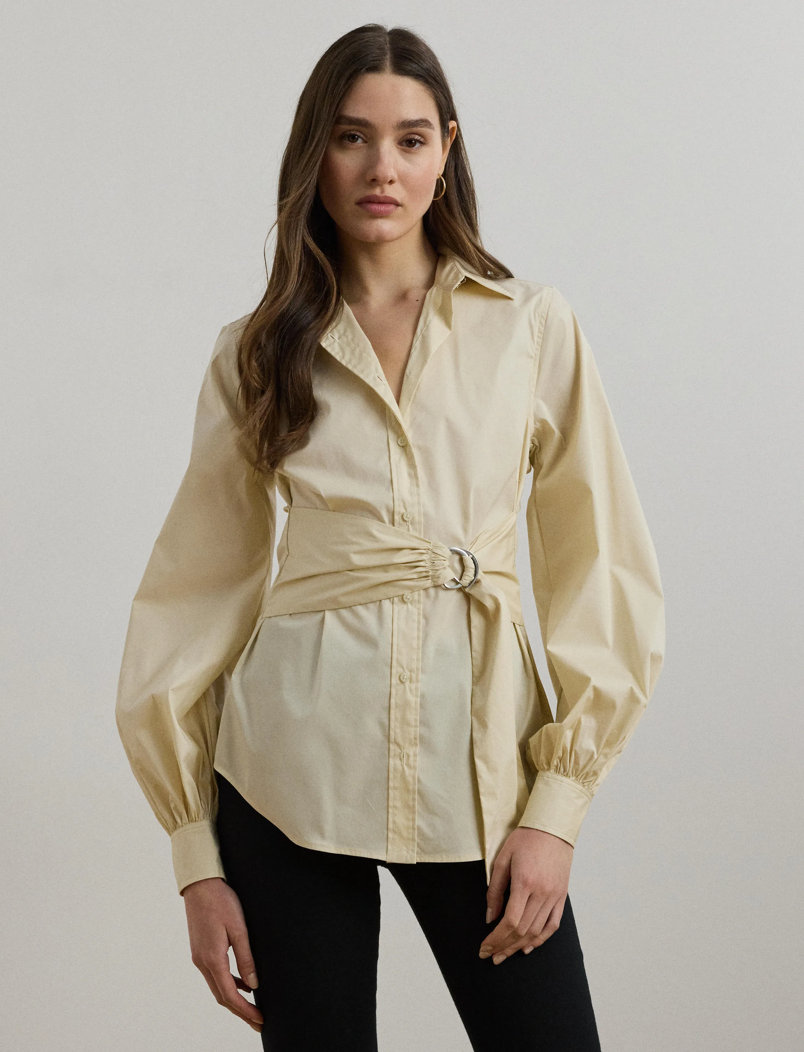 Lauren Ralph Lauren - Tie-Front Cotton-Blend Shirt - langärmlige hemden - ivory beige - 3