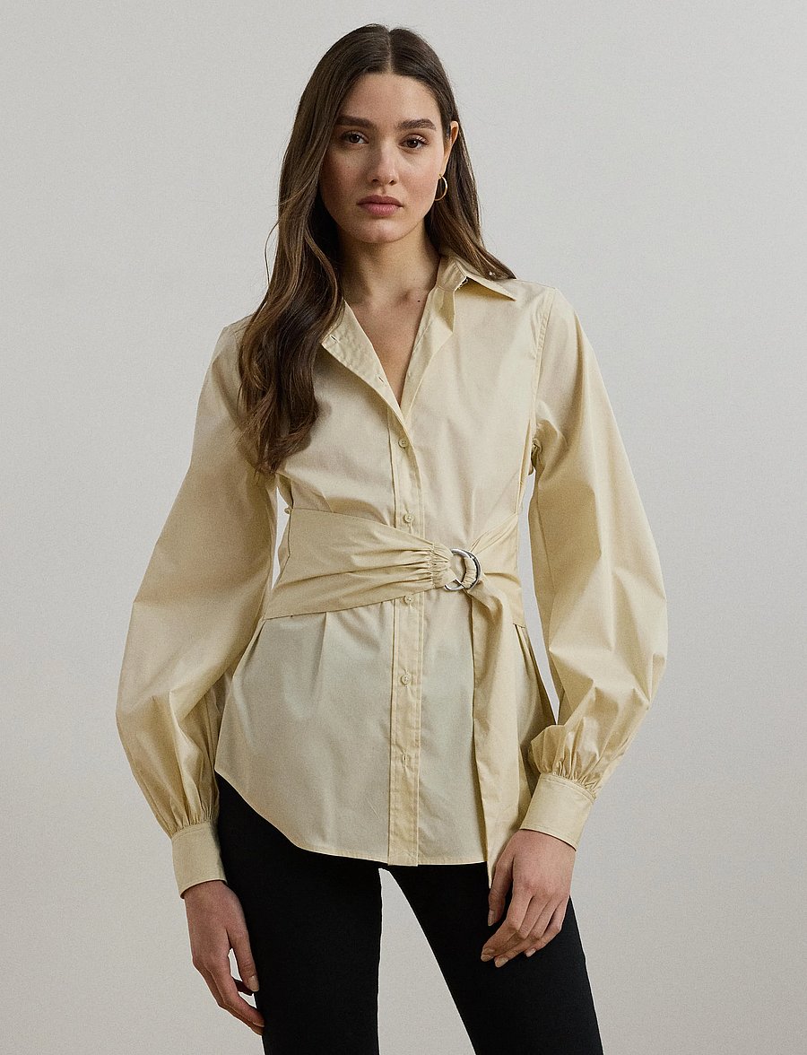 Lauren Ralph Lauren - Tie-Front Cotton-Blend Shirt - langärmlige hemden - ivory beige - 3