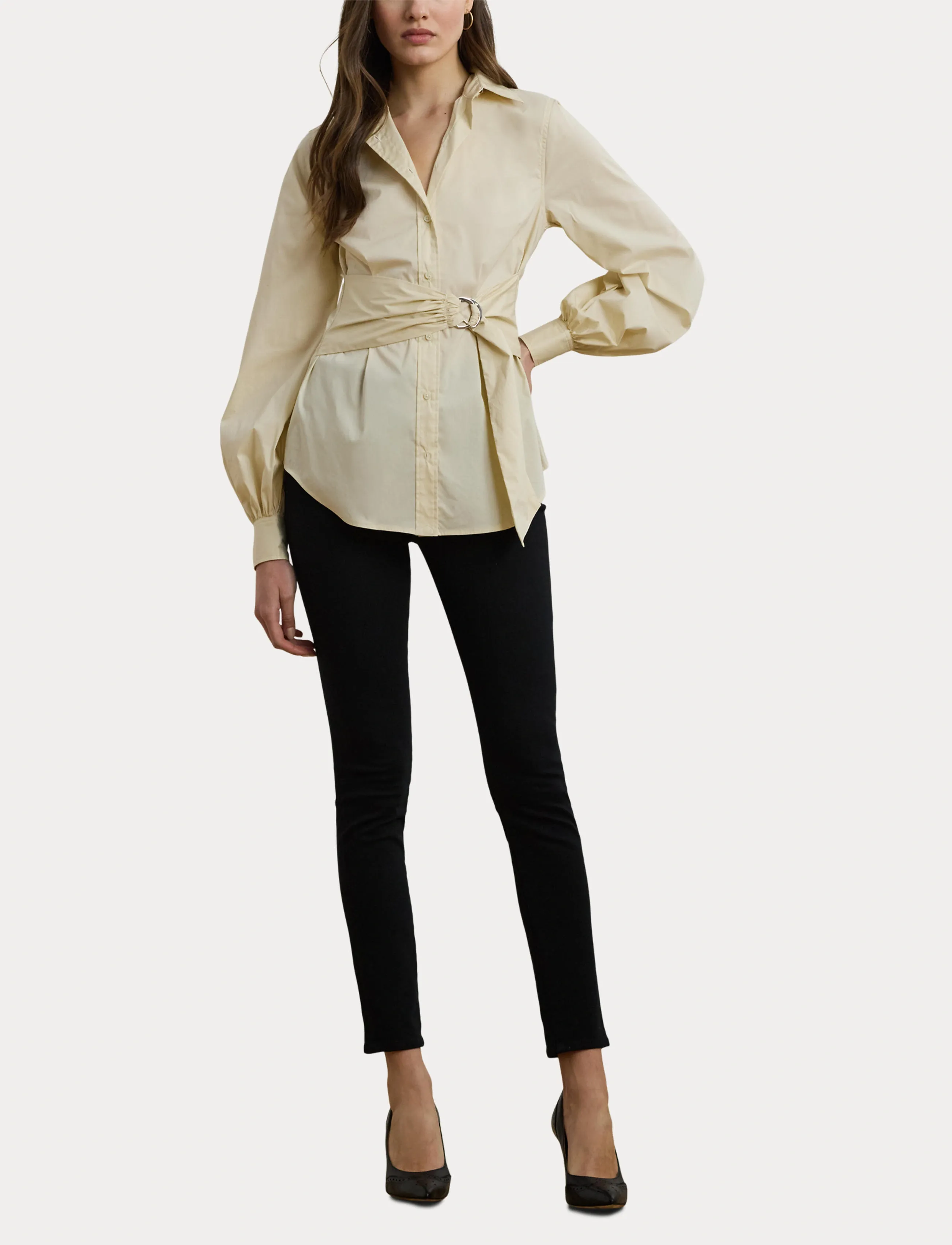 Lauren Ralph Lauren - Tie-Front Cotton-Blend Shirt - langärmlige hemden - ivory beige - 4