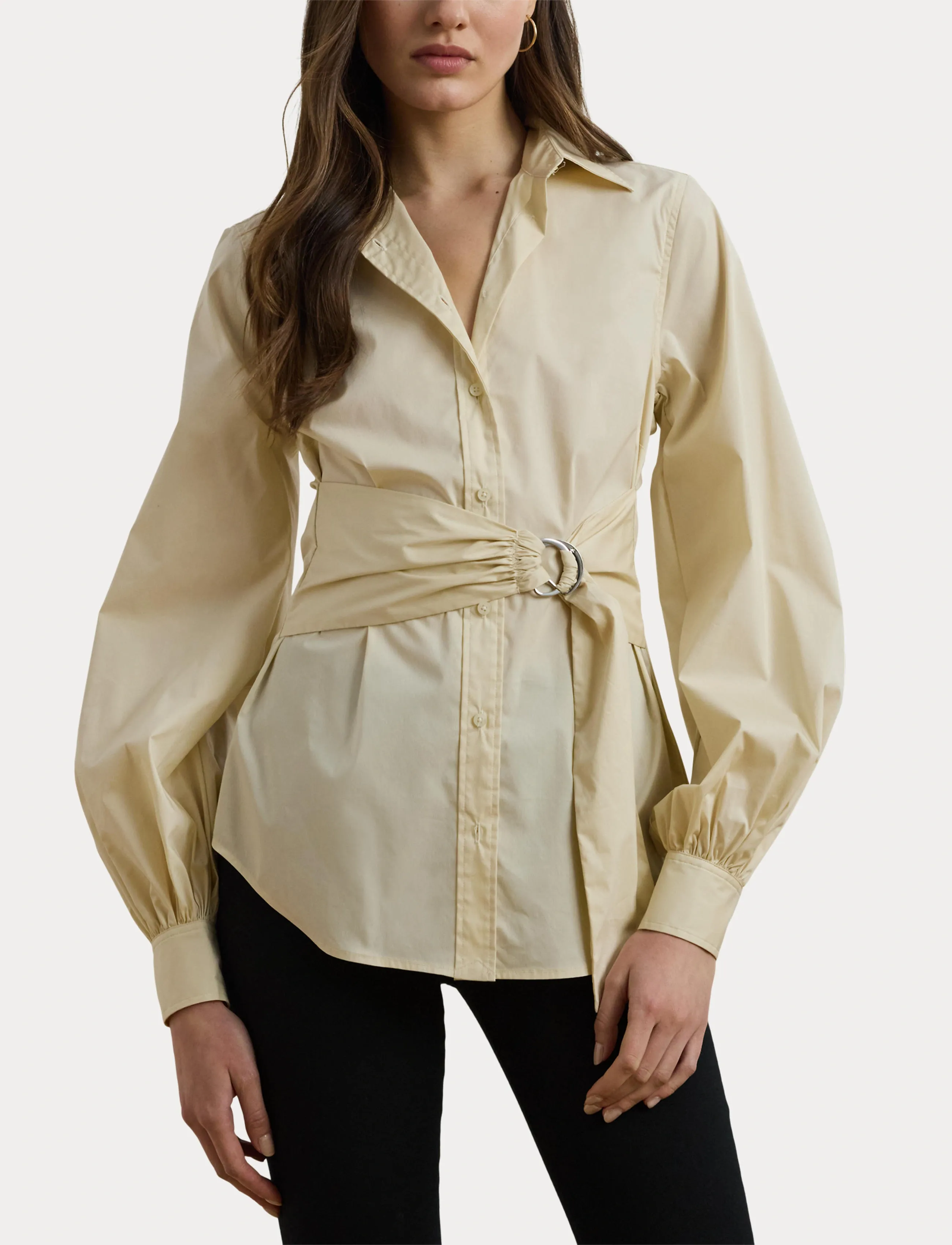 Lauren Ralph Lauren - Tie-Front Cotton-Blend Shirt - langärmlige hemden - ivory beige - 5