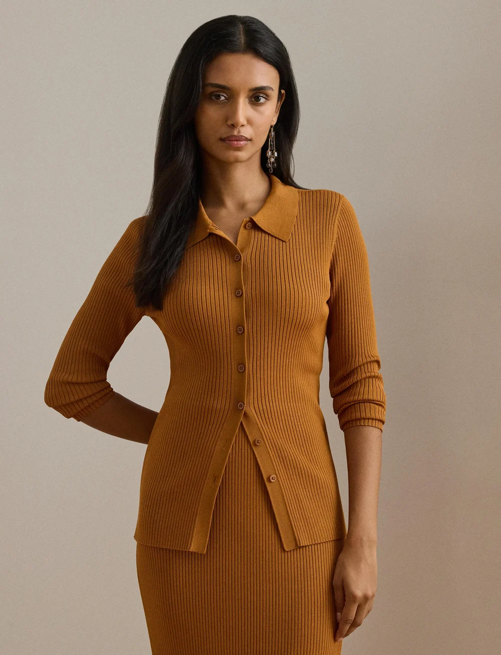 Lauren Ralph Lauren - Rib-Knit Long-Sleeve Polo Cardigan - kardiganid - cinnamon bark - 4