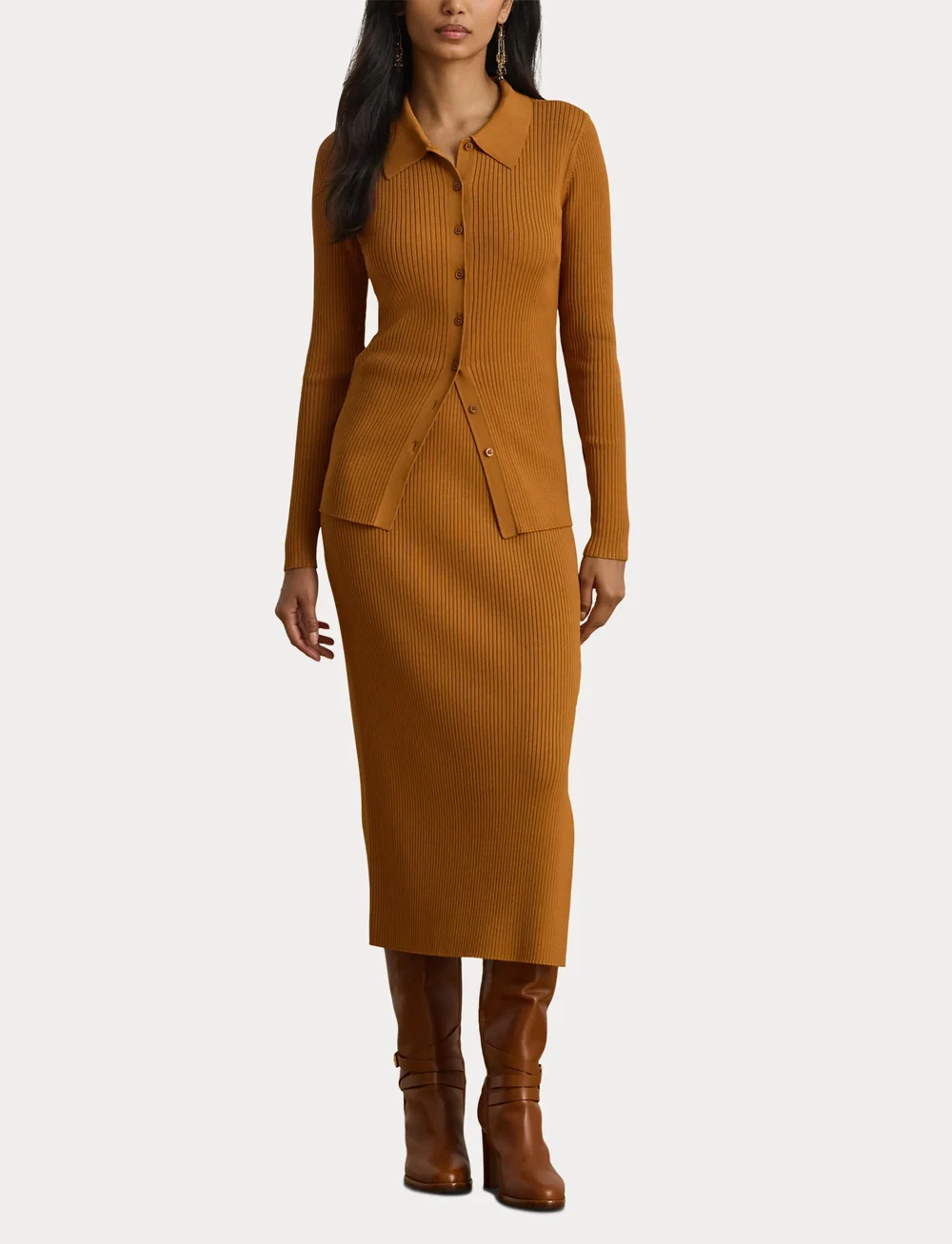 Lauren Ralph Lauren - Rib-Knit Long-Sleeve Polo Cardigan - kardiganid - cinnamon bark - 5