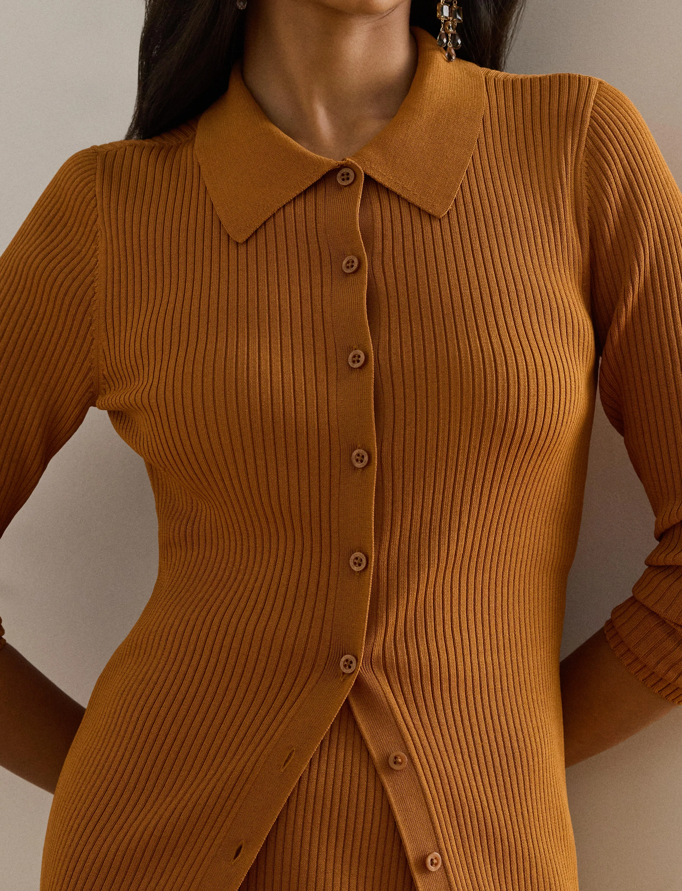 Rib-Knit Long-Sleeve Polo Cardigan 7