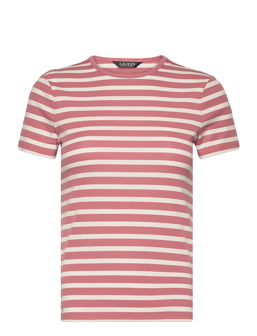 Lauren Ralph Lauren - Striped Stretch Cotton Crewneck Tee - pink mahogany/mas - 0