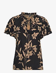 Lauren Ralph Lauren - Floral Linen-Blend Jersey Tie-Neck Top - t-shirts - black/tan - 0