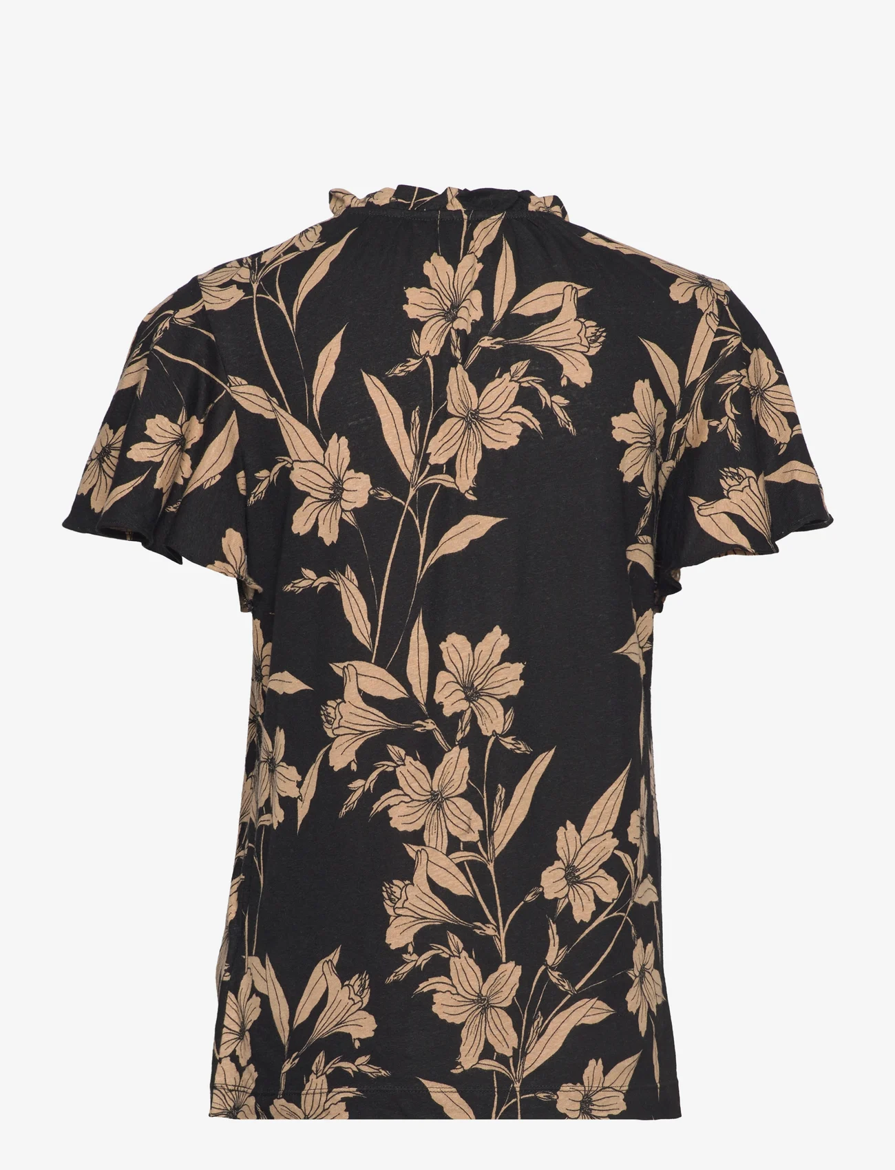 Lauren Ralph Lauren - Floral Linen-Blend Jersey Tie-Neck Top - t-shirts - black/tan - 1