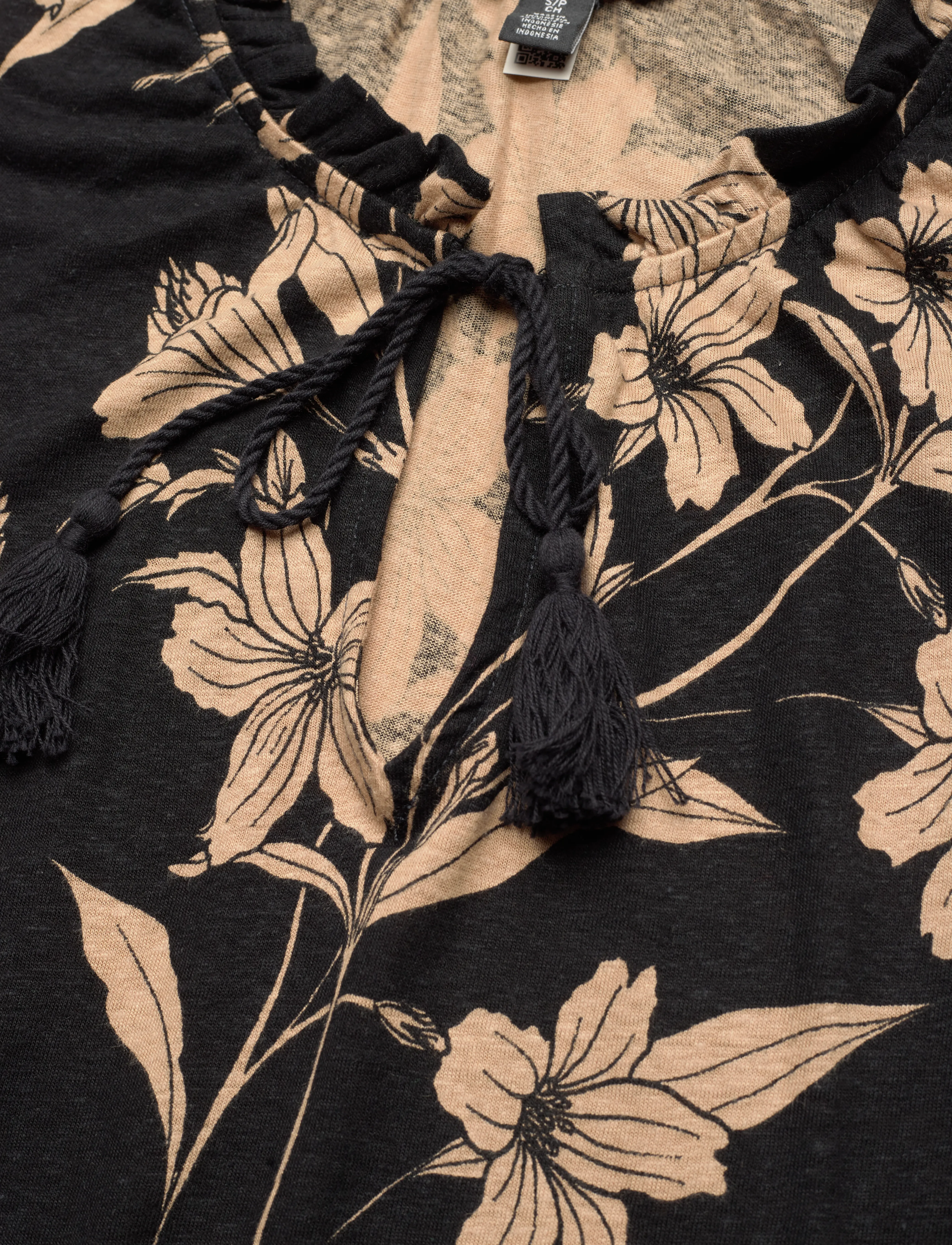 Lauren Ralph Lauren - Floral Linen-Blend Jersey Tie-Neck Top - black/tan - 2