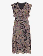 Paisley Belted Crinkle Georgette Dress - BLACK/YELLOW/MULT