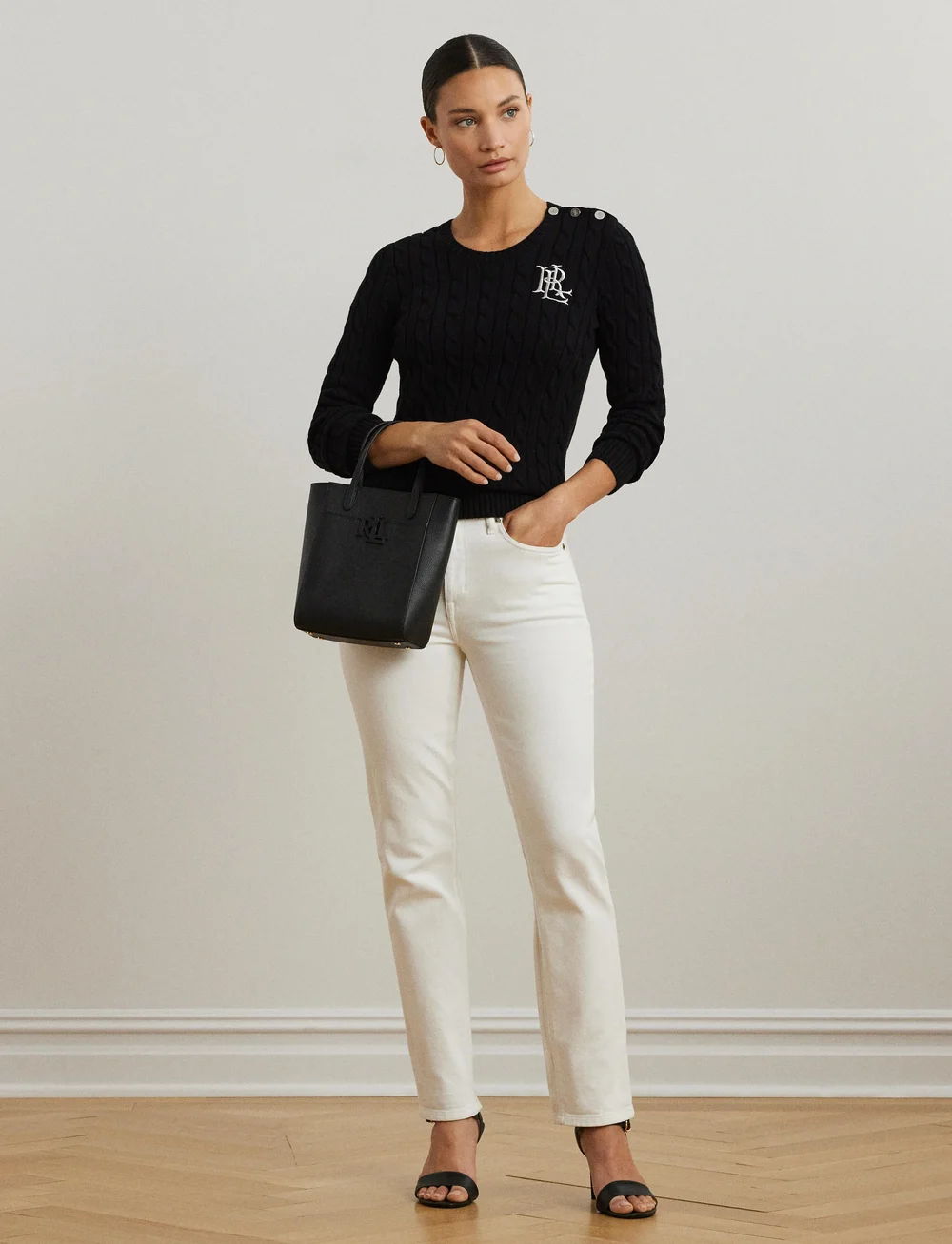 Lauren Ralph Lauren - Button-Trim Cable-Knit Cotton Sweater - swetry - black - 0