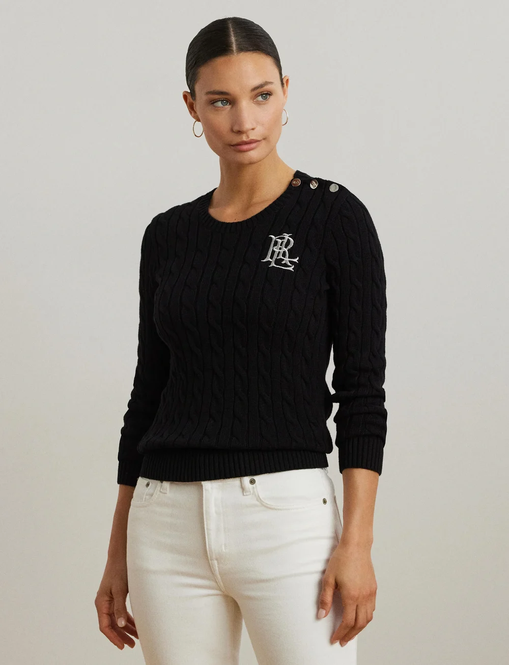 Lauren Ralph Lauren - Button-Trim Cable-Knit Cotton Sweater - swetry - black - 3