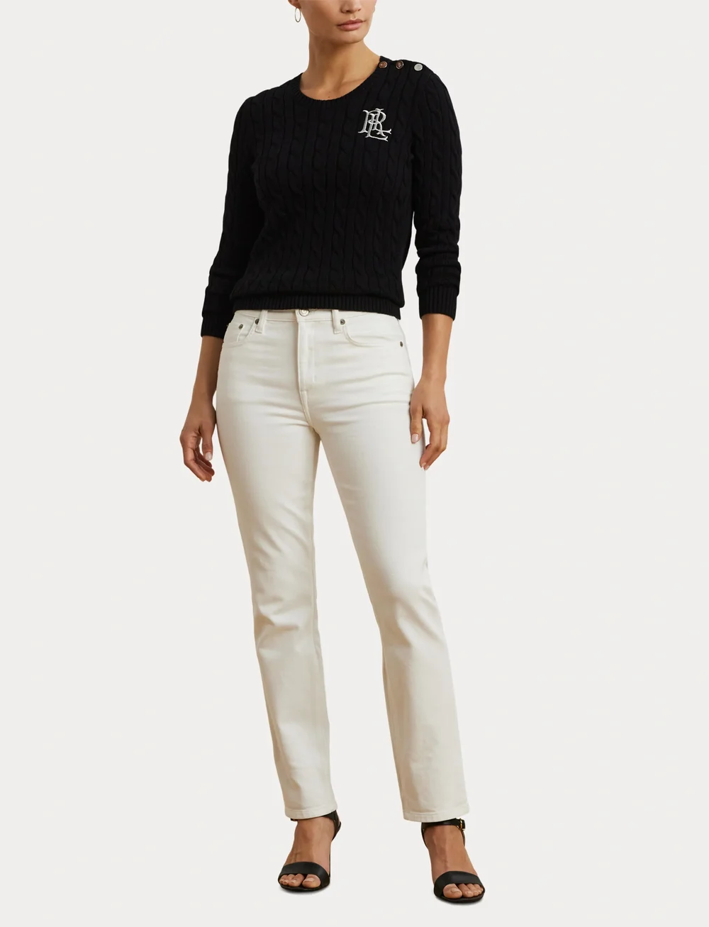 Lauren Ralph Lauren - Button-Trim Cable-Knit Cotton Sweater - swetry - black - 4