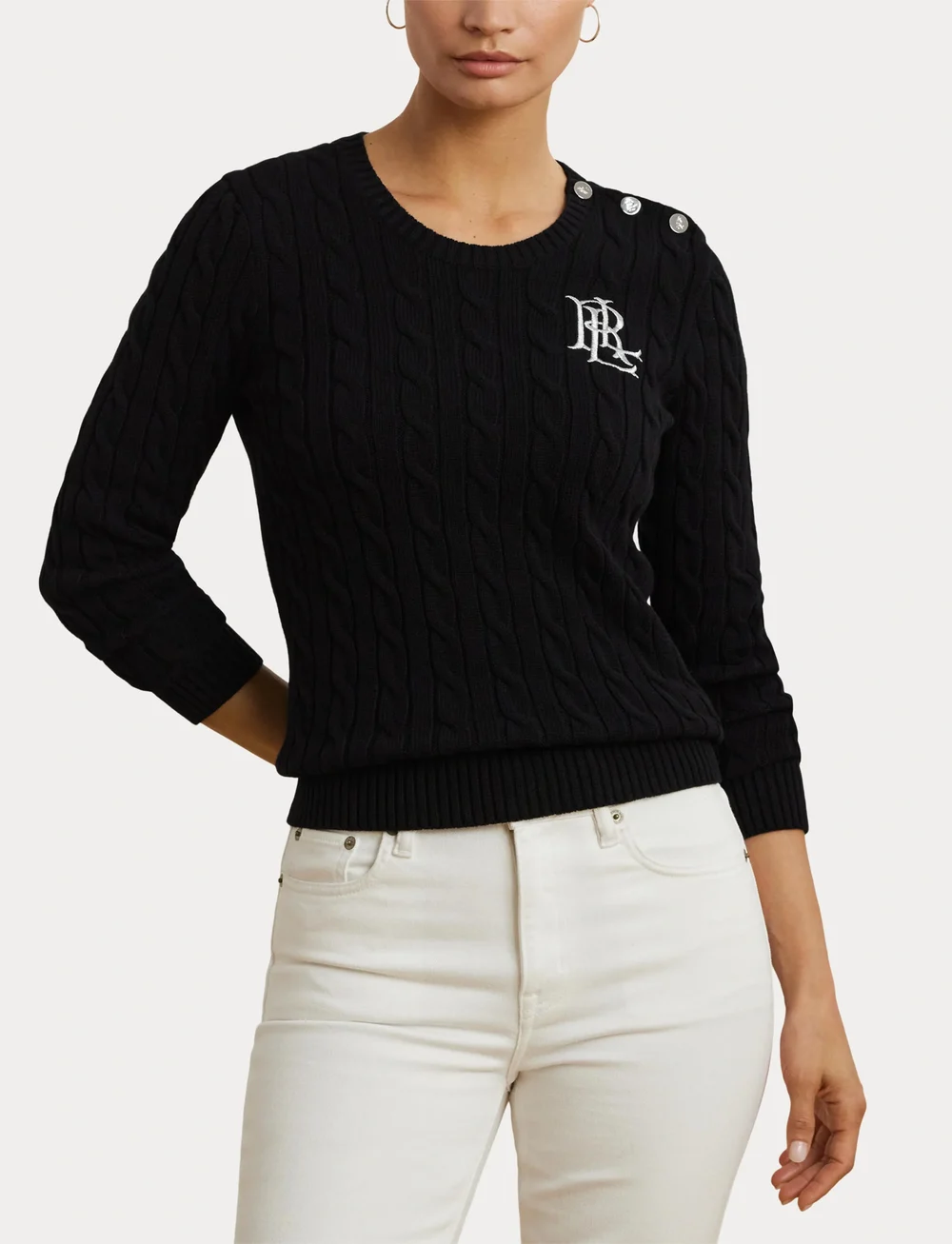 Lauren Ralph Lauren - Button-Trim Cable-Knit Cotton Sweater - swetry - black - 5